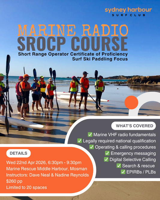 SROCP Marine Radio Course Sydney. VHF radio, emergency messaging. Surf ski / kayak paddlers in PFDs on beach. $260.